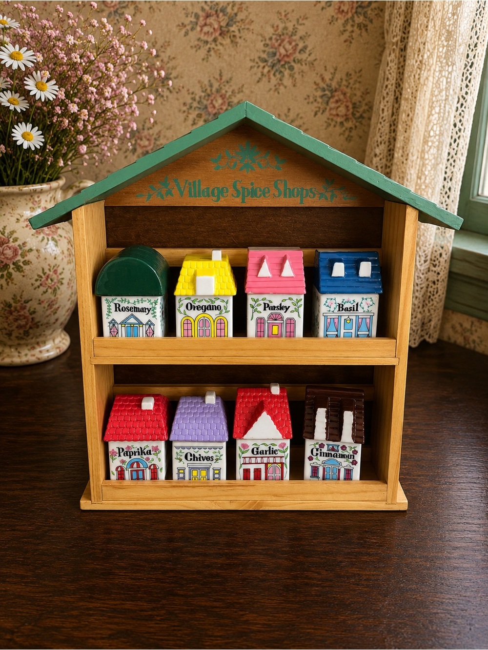 Spice village jars set of 8 with rack. Vintage